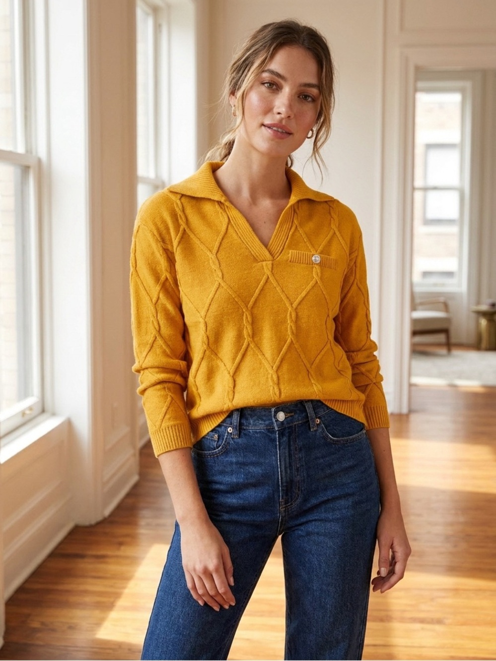 Talbots Golden Yellow Cable-Knit V-Neck Sweater